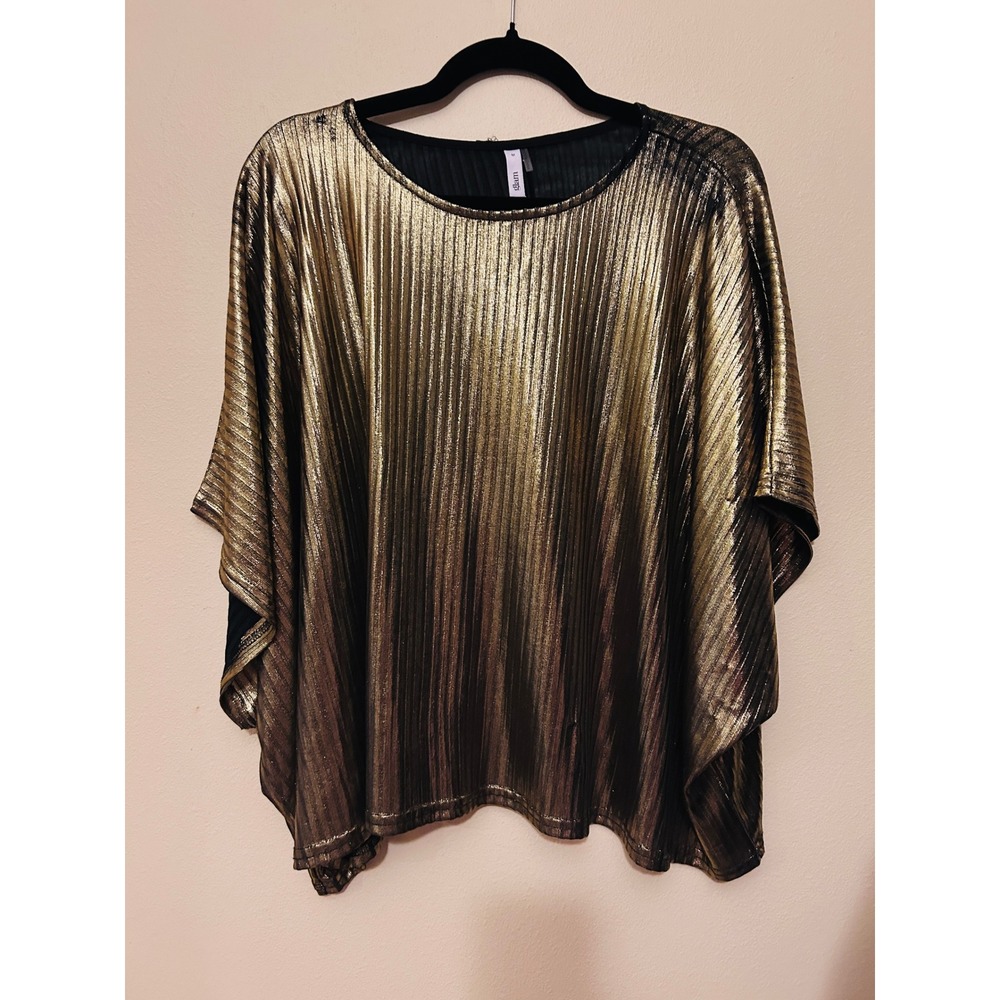 Glam Blouse Womens M Gold Excellent Metallic Pleated Dolman Sleeve Oversized NWT